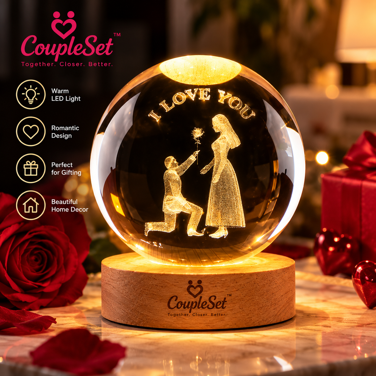 Love You Crystal Ball Night Lamp – Romantic Couple LED Decorative Light