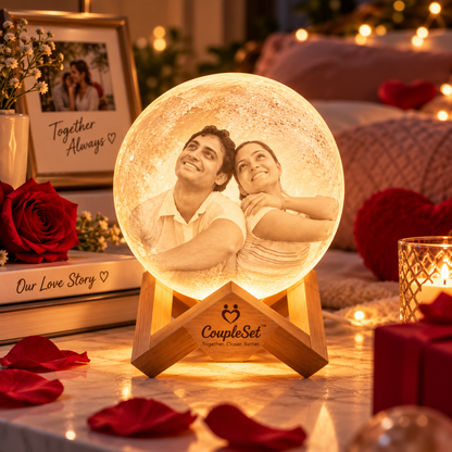 3D Personalized Photo Moon Lamp – Custom Couple Photo Night Light with Wooden Stand