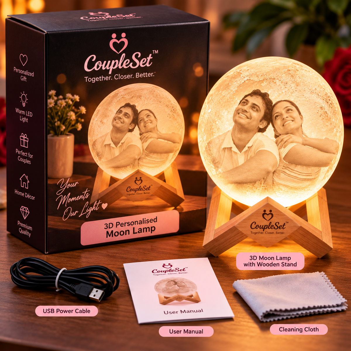 3D Personalized Photo Moon Lamp – Custom Couple Photo Night Light with Wooden Stand