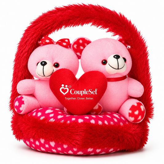 Couple Love Teddy Bears in Heart Basket – Romantic Gift for Couples