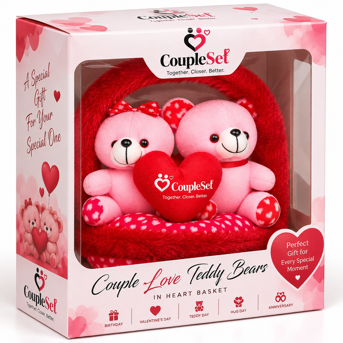 Couple Love Teddy Bears in Heart Basket – Romantic Gift for Couples