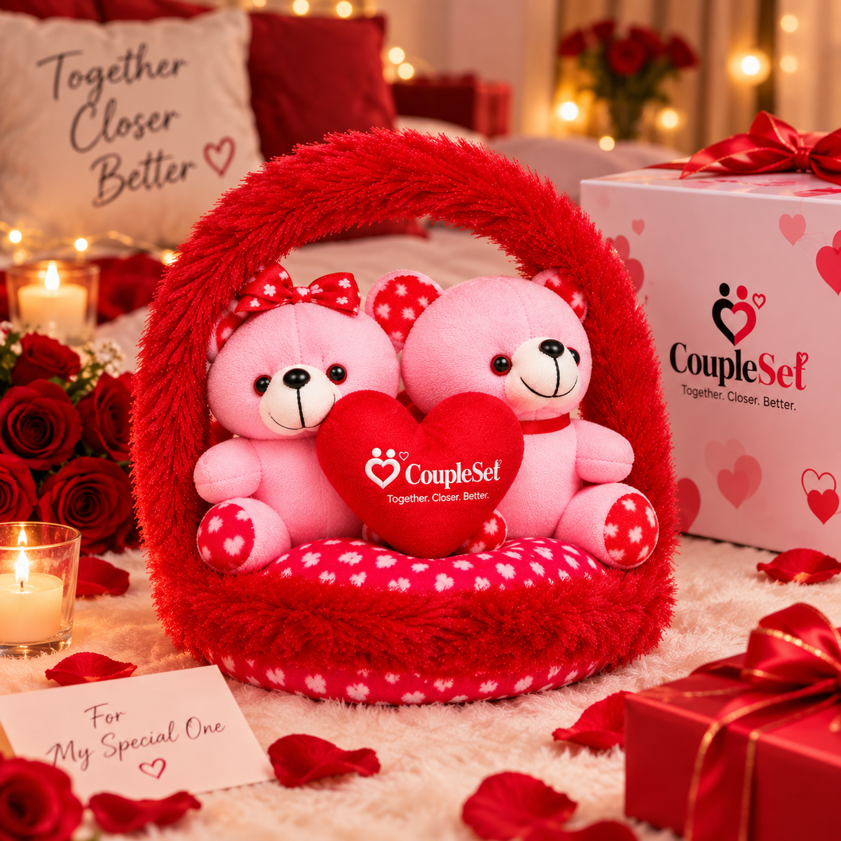 Couple Love Teddy Bears in Heart Basket – Romantic Gift for Couples
