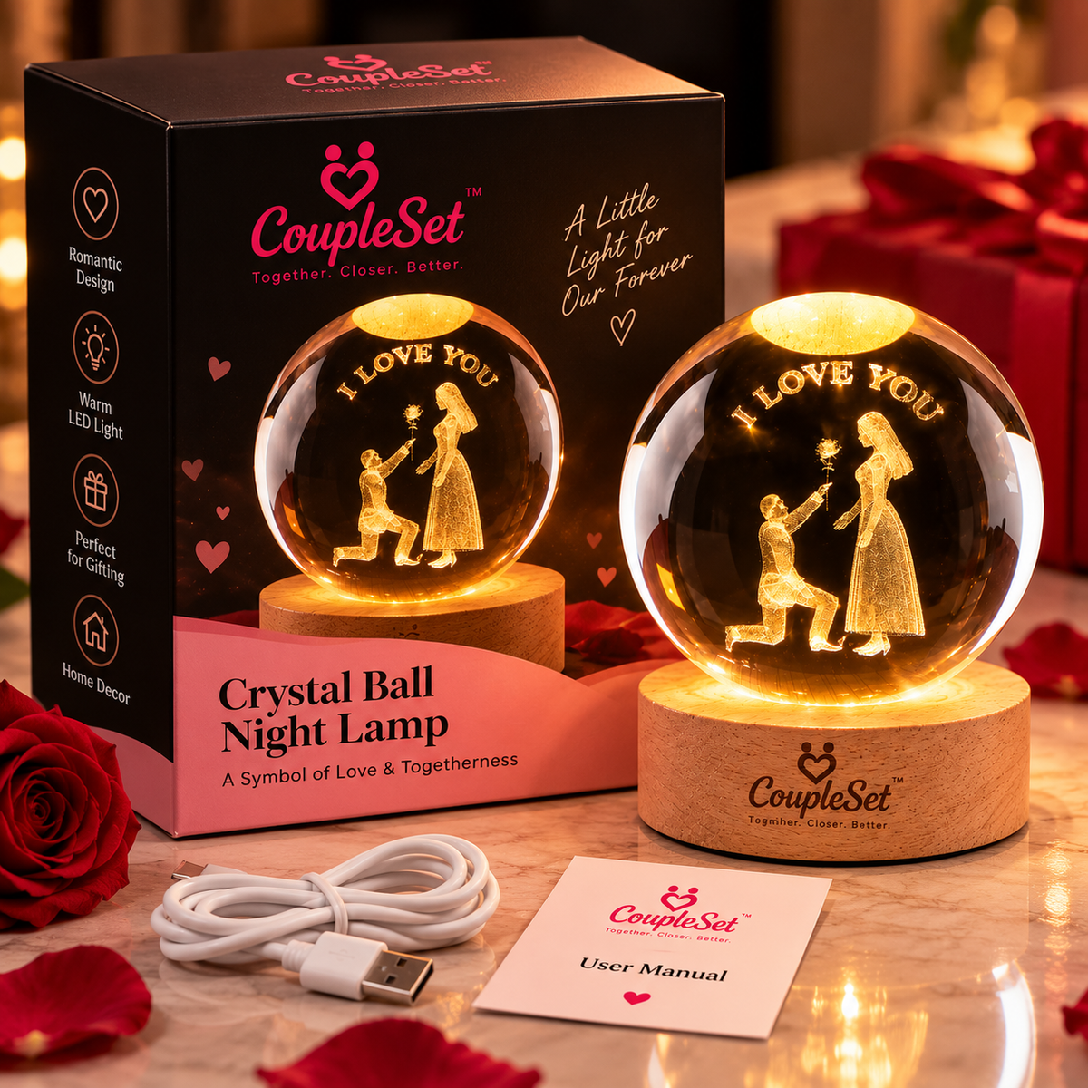 Love You Crystal Ball Night Lamp – Romantic Couple LED Decorative Light