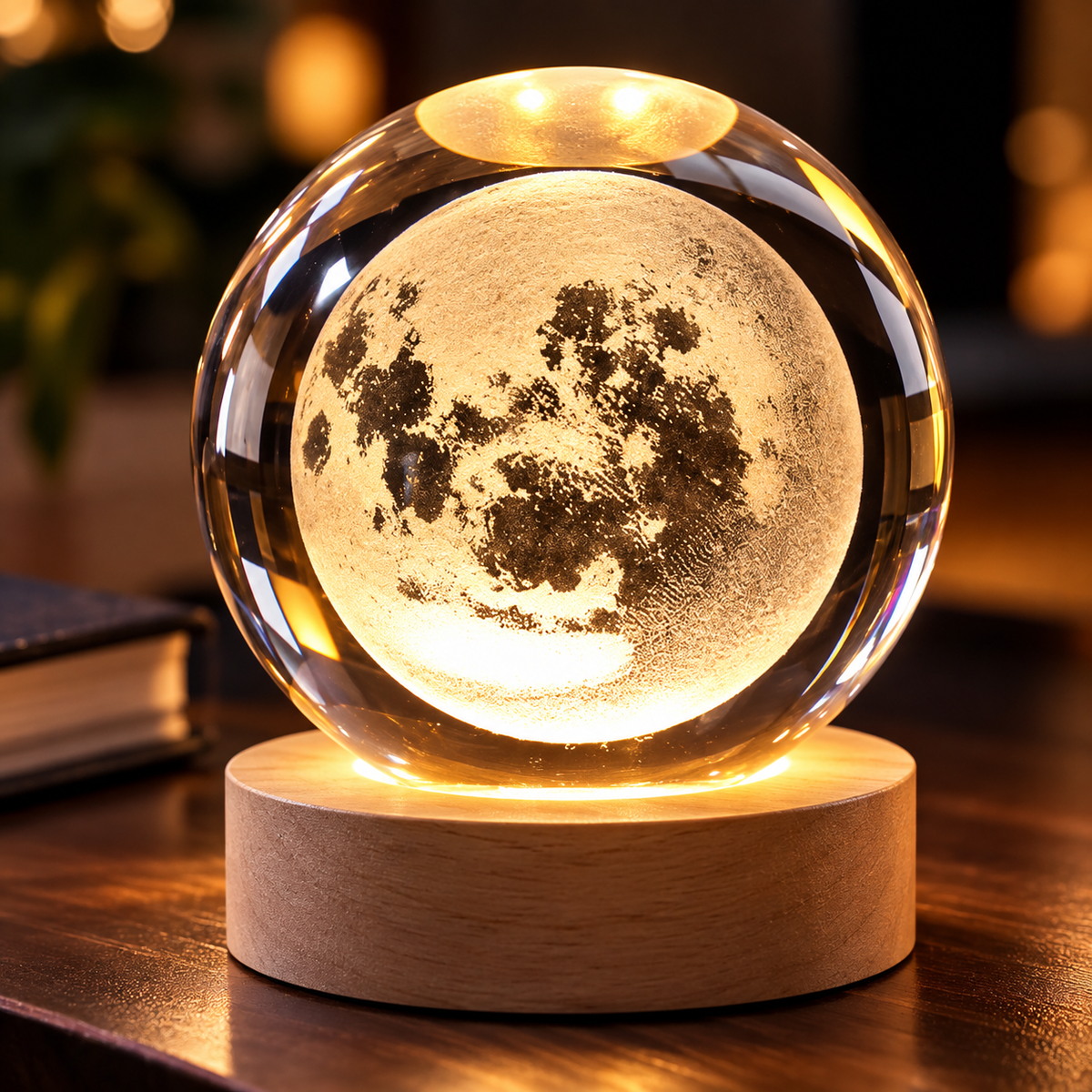 3D Crystal Moon Ball Night Lamp with Wooden Base – USB Powered LED Table Light