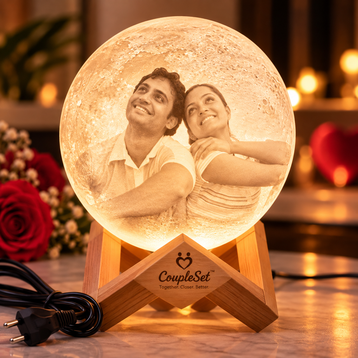 3D Personalized Photo Moon Lamp – Custom Couple Photo Night Light with Wooden Stand