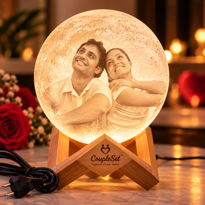 3D Personalized Photo Moon Lamp – Custom Couple Photo Night Light with Wooden Stand