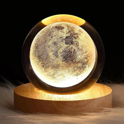 3D Crystal Moon Ball Night Lamp with Wooden Base – USB Powered LED Table Light