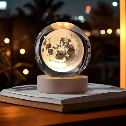 3D Crystal Moon Ball Night Lamp with Wooden Base – USB Powered LED Table Light